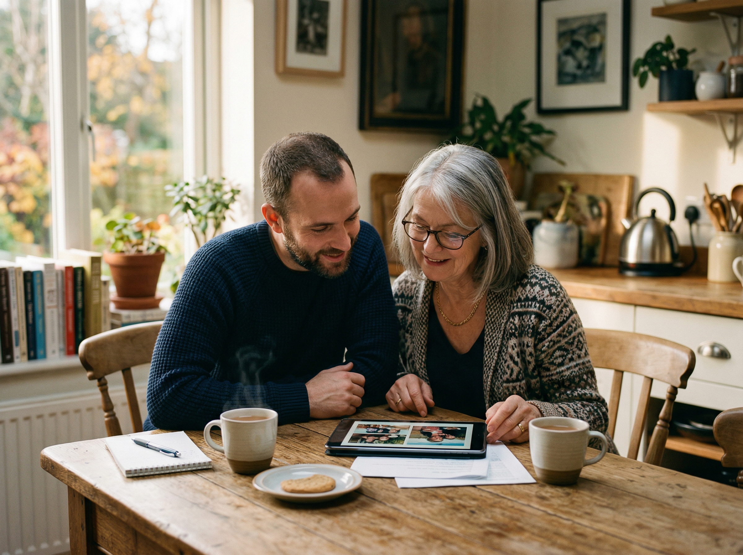 A son and his mother looking at research together over tea